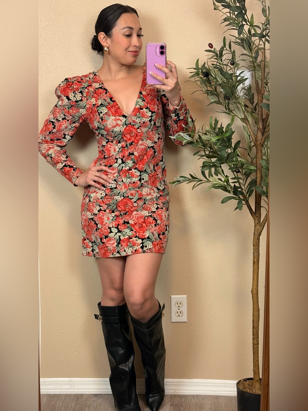 FREE PEOPLE | $128 R Floral V-Neck Long Sleeve Mini Dress in Red